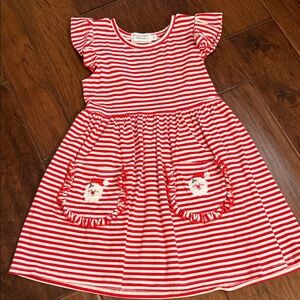 Red & White Striped Girls' Dress with Embroidered Pocket Details